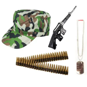 Camouflage Army Cap, Dog Tag, Machine Gun, Bullet Belt - Military Soldier Fancy Dress Costume Kit for World Book Week