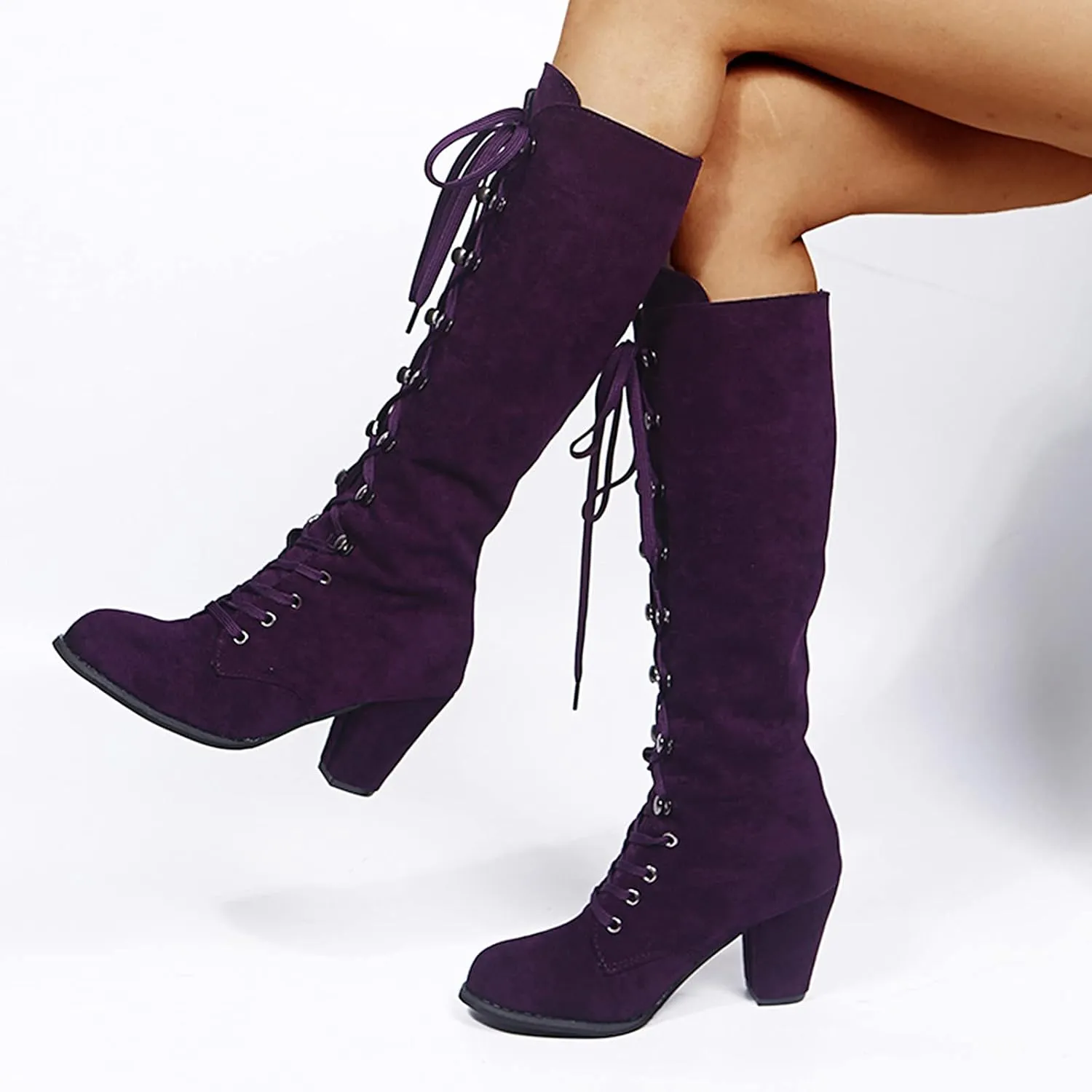 Combat Boots Womens Retro Vintage Lace-Up Thigh High Boots Suede Low Chunky Heels Knee High Long Boots