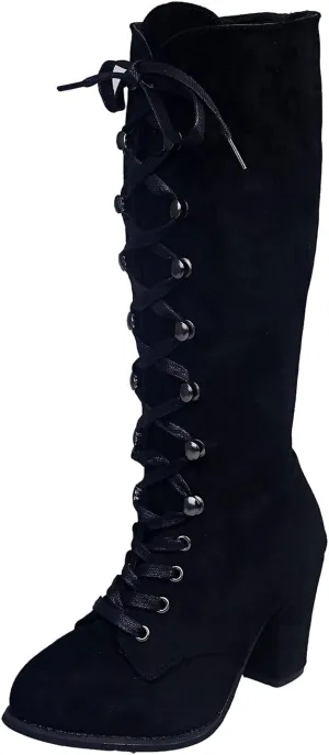 Combat Boots Womens Retro Vintage Lace-Up Thigh High Boots Suede Low Chunky Heels Knee High Long Boots