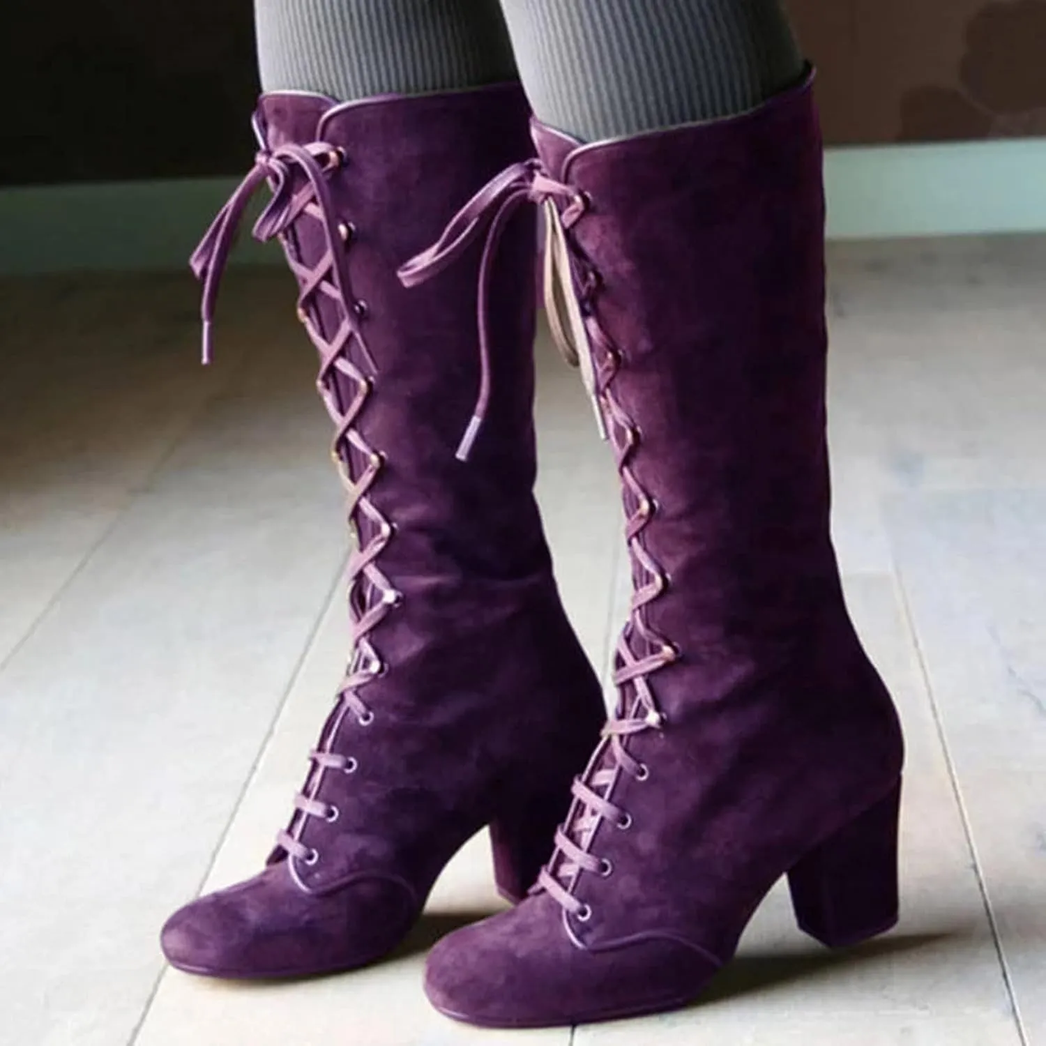 Combat Boots Womens Retro Vintage Lace-Up Thigh High Boots Suede Low Chunky Heels Knee High Long Boots