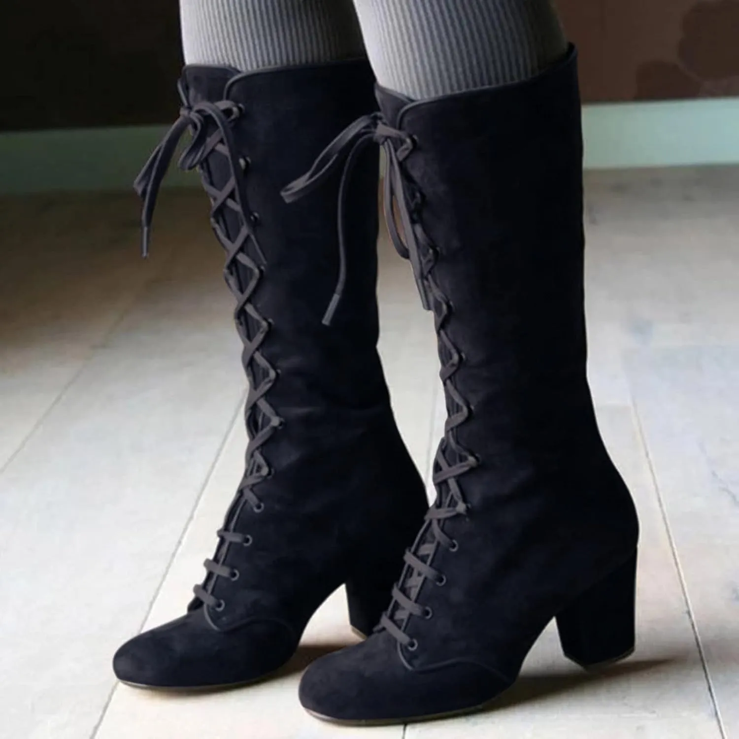 Combat Boots Womens Retro Vintage Lace-Up Thigh High Boots Suede Low Chunky Heels Knee High Long Boots