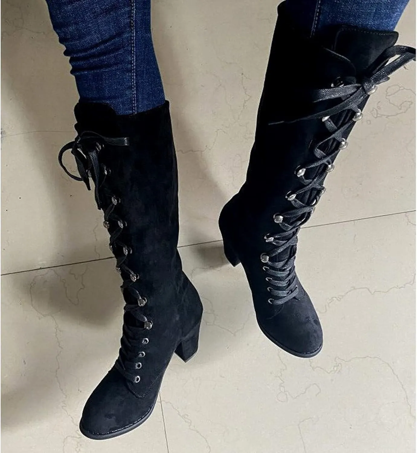 Combat Boots Womens Retro Vintage Lace-Up Thigh High Boots Suede Low Chunky Heels Knee High Long Boots