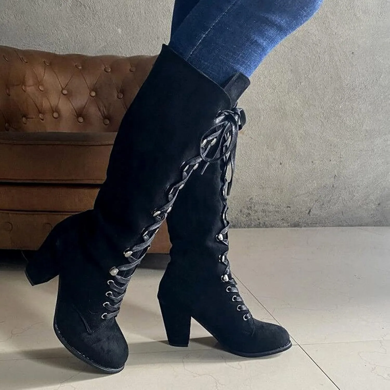 Combat Boots Womens Retro Vintage Lace-Up Thigh High Boots Suede Low Chunky Heels Knee High Long Boots