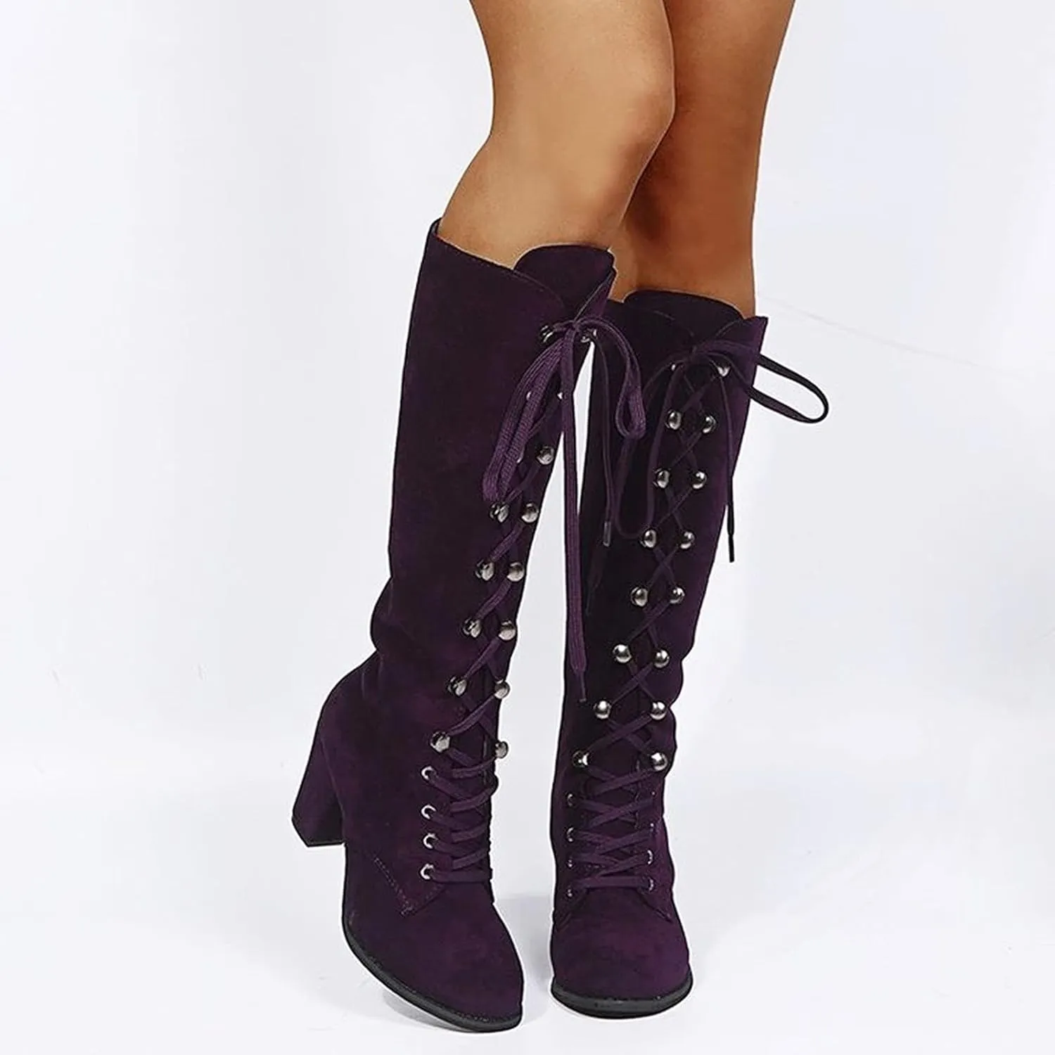 Combat Boots Womens Retro Vintage Lace-Up Thigh High Boots Suede Low Chunky Heels Knee High Long Boots