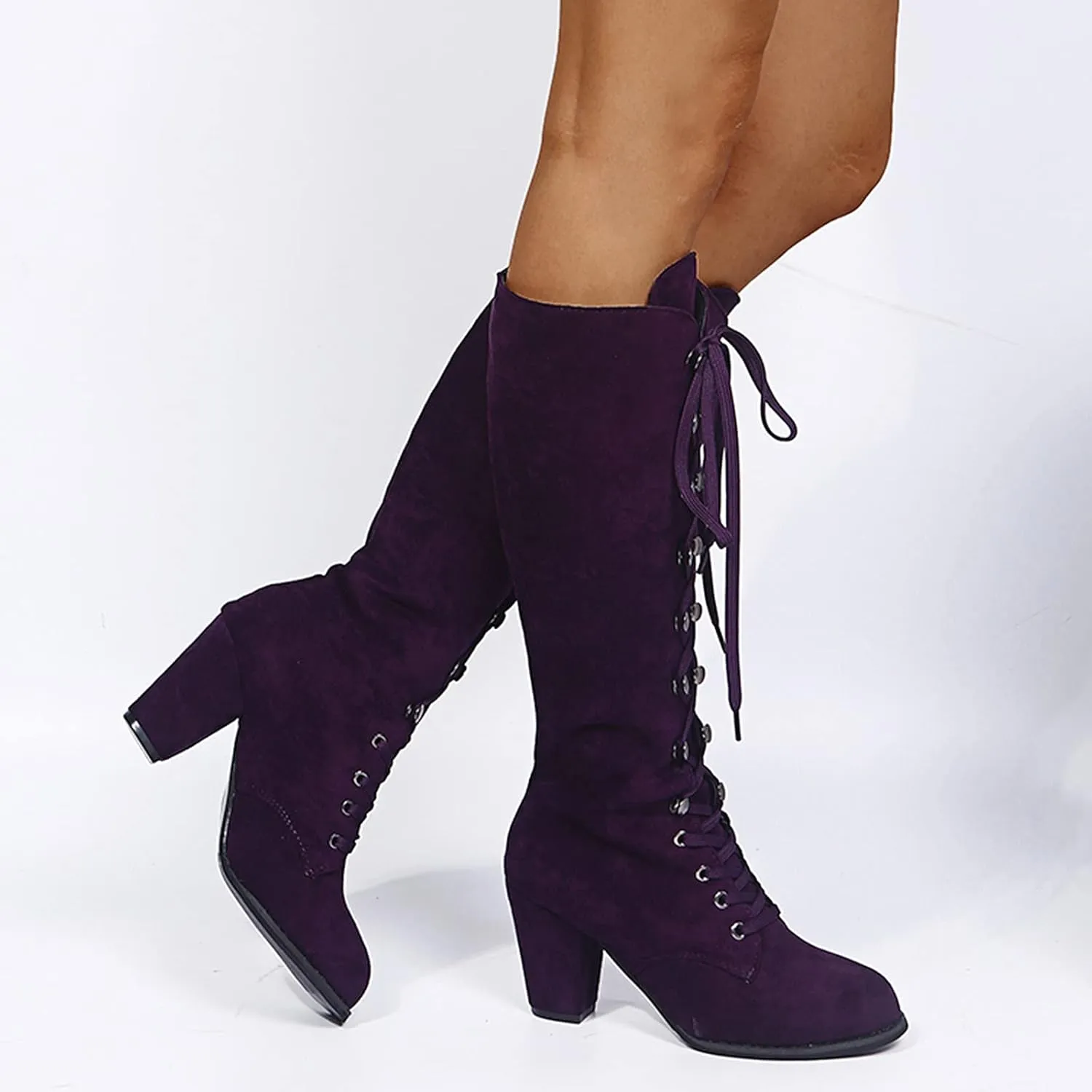 Combat Boots Womens Retro Vintage Lace-Up Thigh High Boots Suede Low Chunky Heels Knee High Long Boots