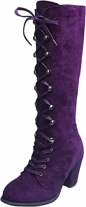 Combat Boots Womens Retro Vintage Lace-Up Thigh High Boots Suede Low Chunky Heels Knee High Long Boots