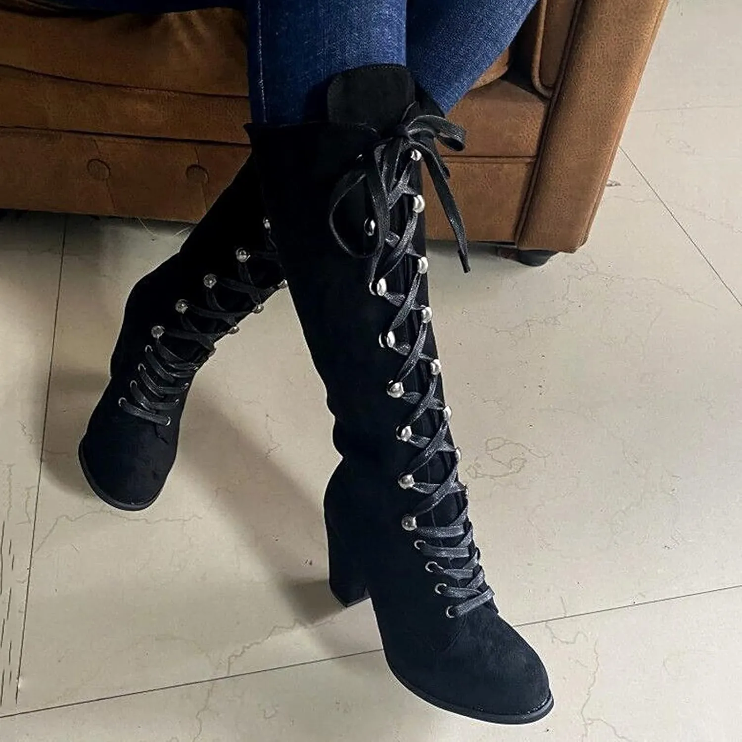 Combat Boots Womens Retro Vintage Lace-Up Thigh High Boots Suede Low Chunky Heels Knee High Long Boots