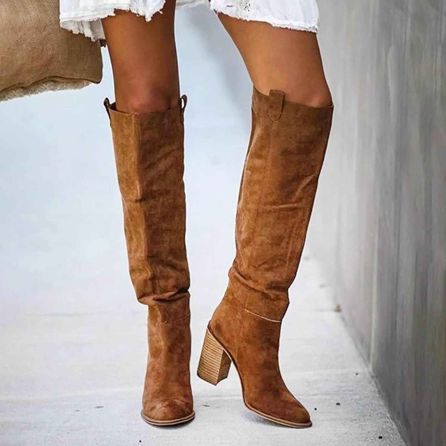 Cowboy Boots For Women High Chunky Heeled Knee High Boots Pull On Pointed Suede Thigh High Boots Long Bootie