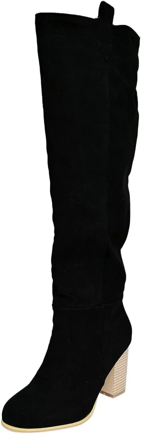 Cowboy Boots For Women High Chunky Heeled Knee High Boots Pull On Pointed Suede Thigh High Boots Long Bootie