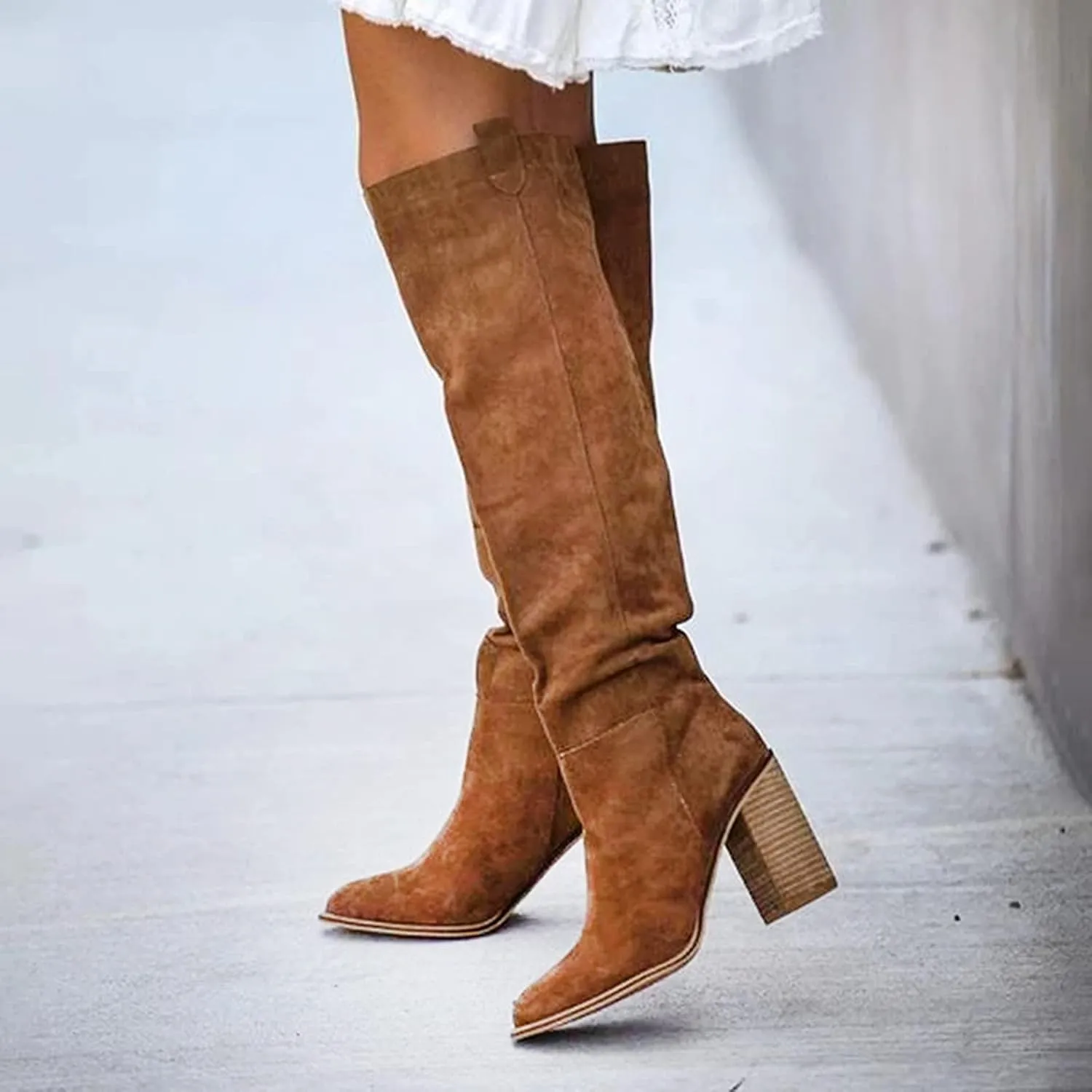 Cowboy Boots For Women High Chunky Heeled Knee High Boots Pull On Pointed Suede Thigh High Boots Long Bootie
