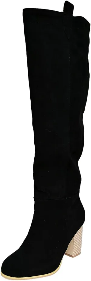 Cowboy Boots For Women High Chunky Heeled Knee High Boots Pull On Pointed Suede Thigh High Boots Long Bootie
