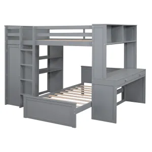 Full size Loft Bed with a twin size Stand-alone bed, Shelves,Desk,and Wardrobe-Gray