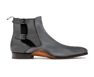 Handmade Black Chelsea Double Buckle Suede Boot