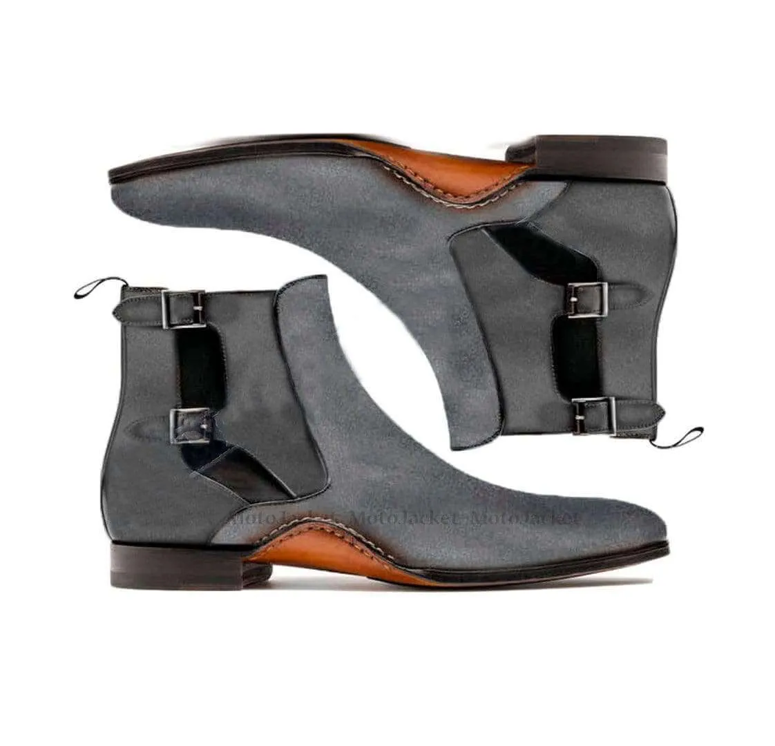 Handmade Black Chelsea Double Buckle Suede Boot
