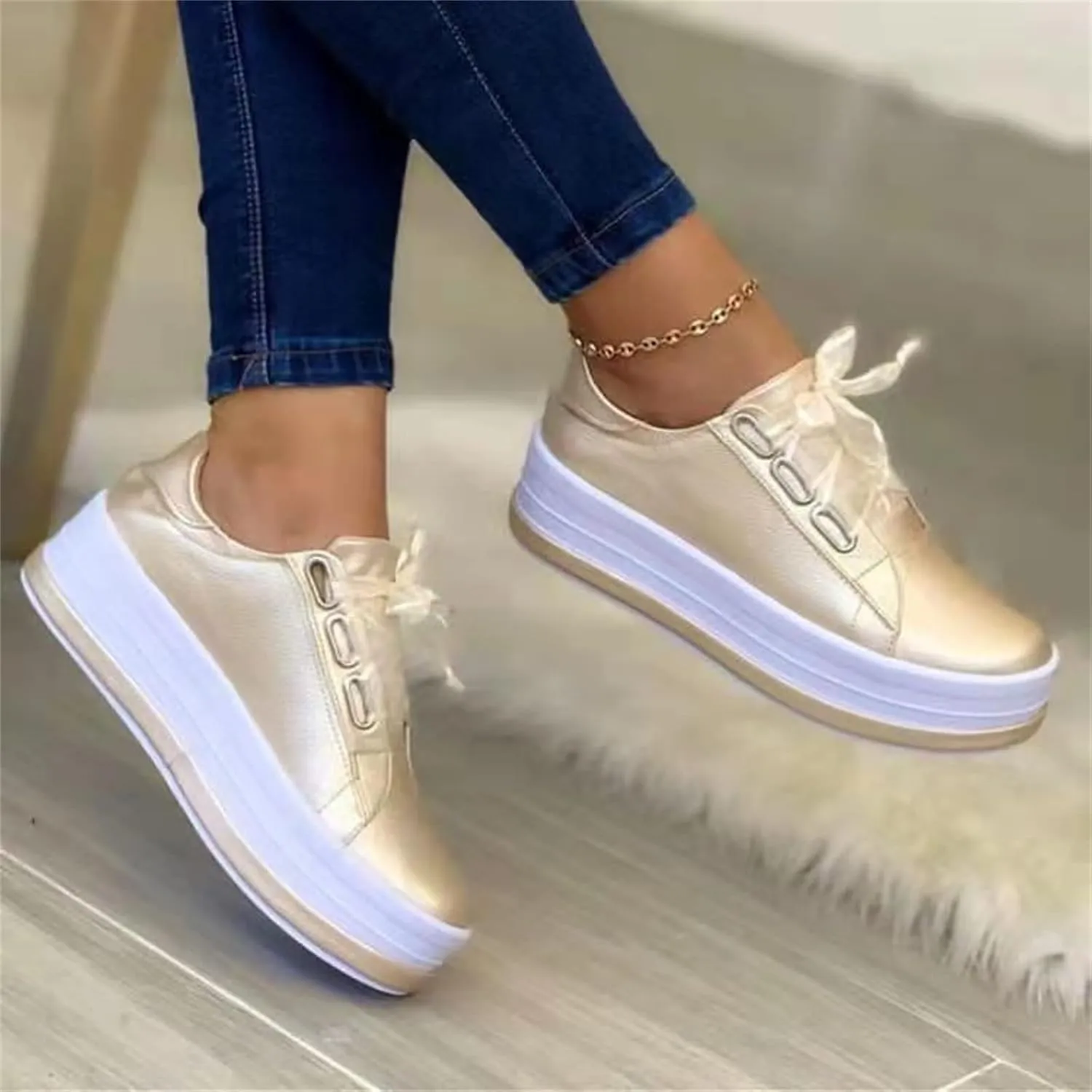 Lausiuoe Shoes For Women Dressy Casual Platform Leather Sneakers Low Top Fashion Comfortable Walking Flat Shoes Loafers