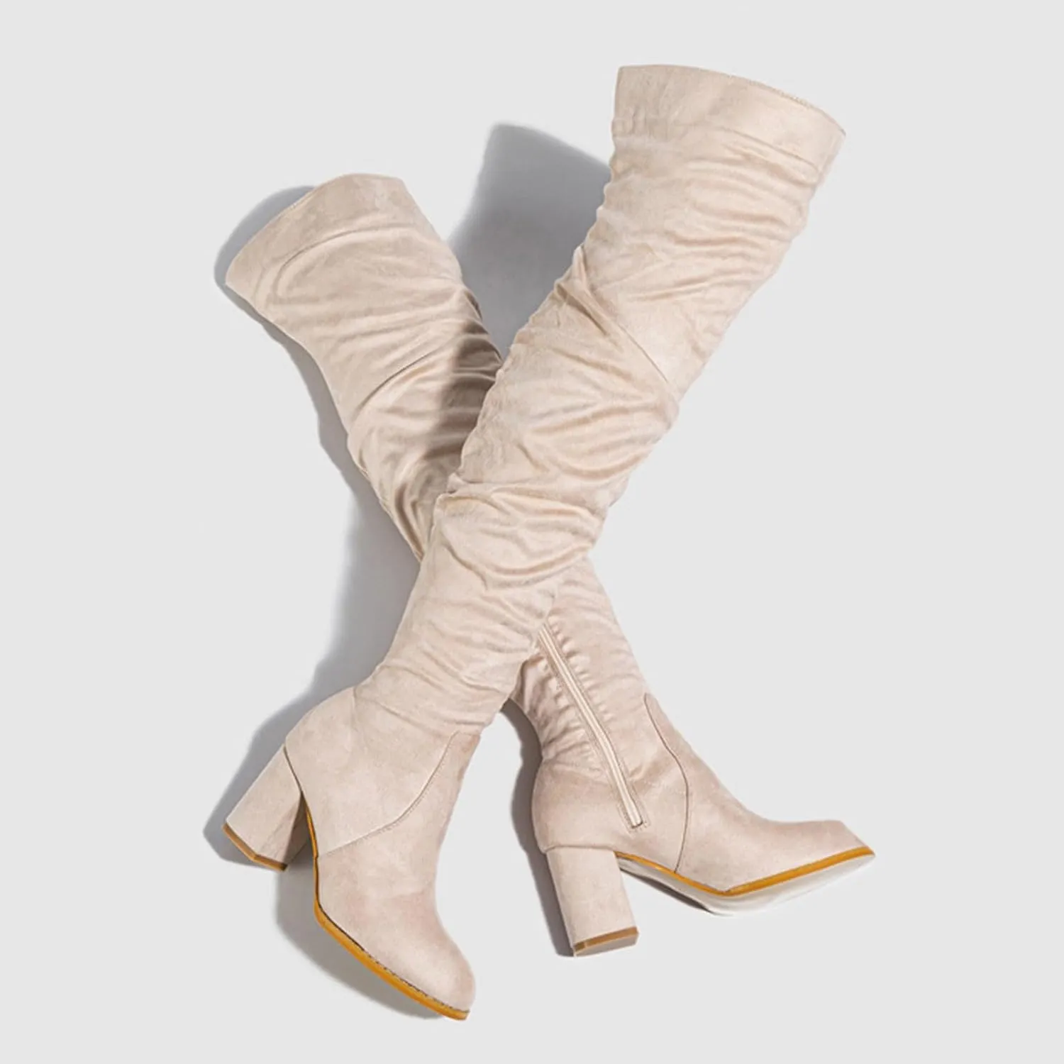 Winter Boots For Women Square Heel Over Knee Boots Suede Zipper Thigh High Boots Chunky Heeled Tall Long Boots