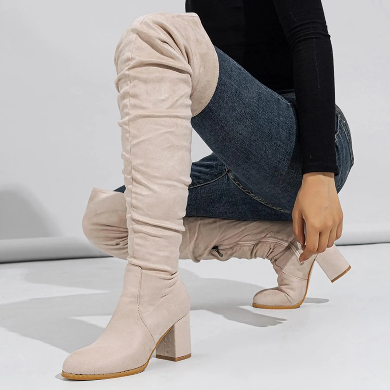 Winter Boots For Women Square Heel Over Knee Boots Suede Zipper Thigh High Boots Chunky Heeled Tall Long Boots