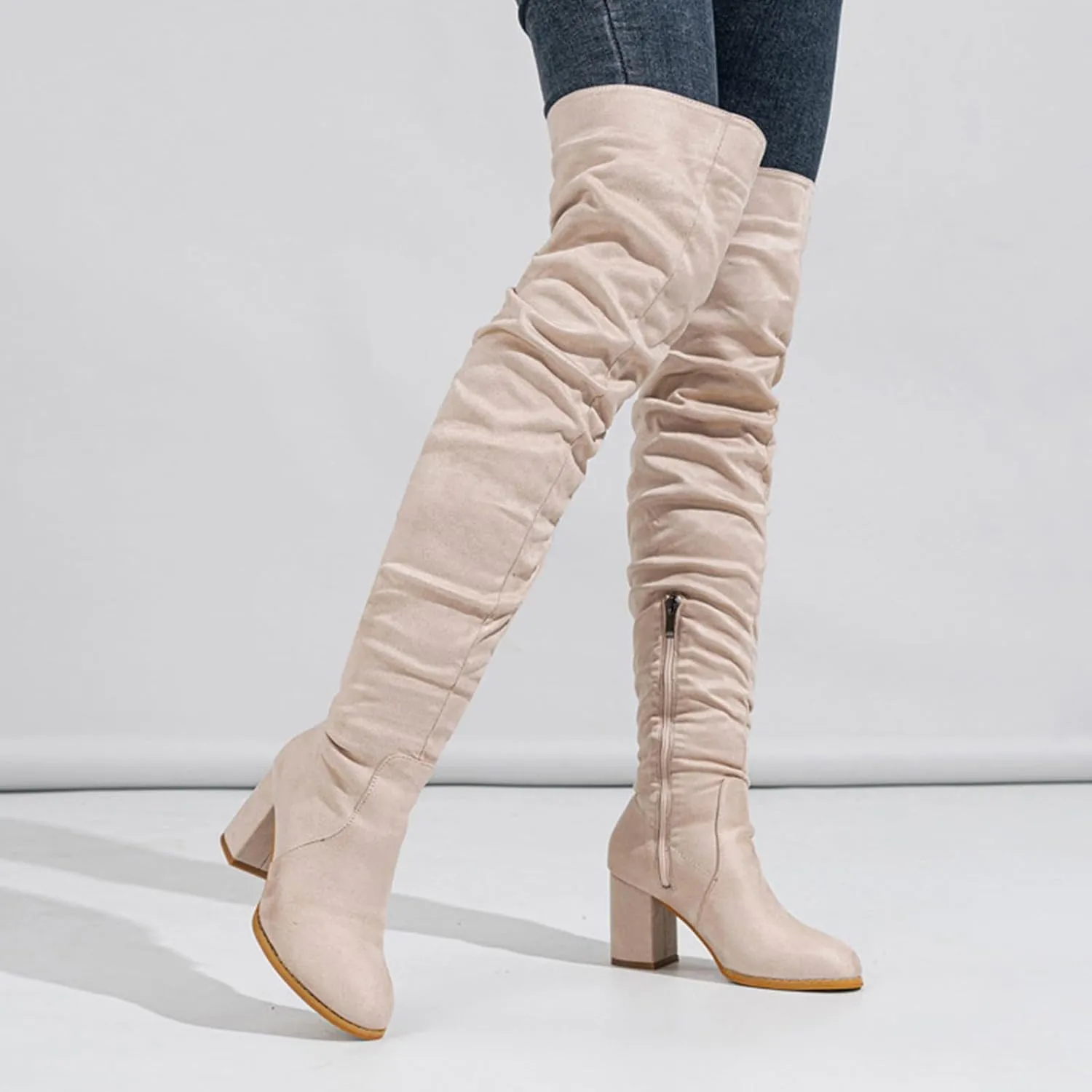 Winter Boots For Women Square Heel Over Knee Boots Suede Zipper Thigh High Boots Chunky Heeled Tall Long Boots