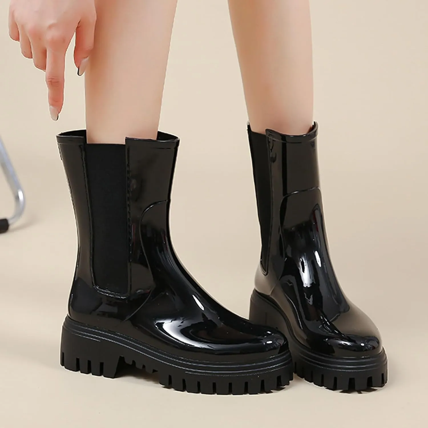 Women's Fashion Rain Shoes Women's Elastic Mouth Thick Sole Wear Water Shoes Non Slip Kitchen Rubber Shoes Outdoor Car Wash Shoes Tall Wide Rain Boots for Women