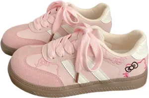 Women’s Kitty Retro German Trainer Sneakers – Fashion Casual Cat Detail Lace-Up Shoes, Anti-Slip Low-Top White Campus Style for Students