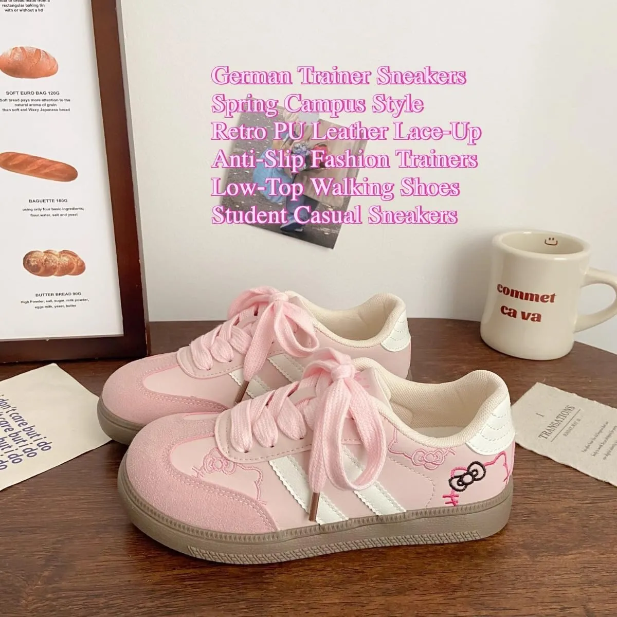 Women’s Kitty Retro German Trainer Sneakers – Fashion Casual Cat Detail Lace-Up Shoes, Anti-Slip Low-Top White Campus Style for Students