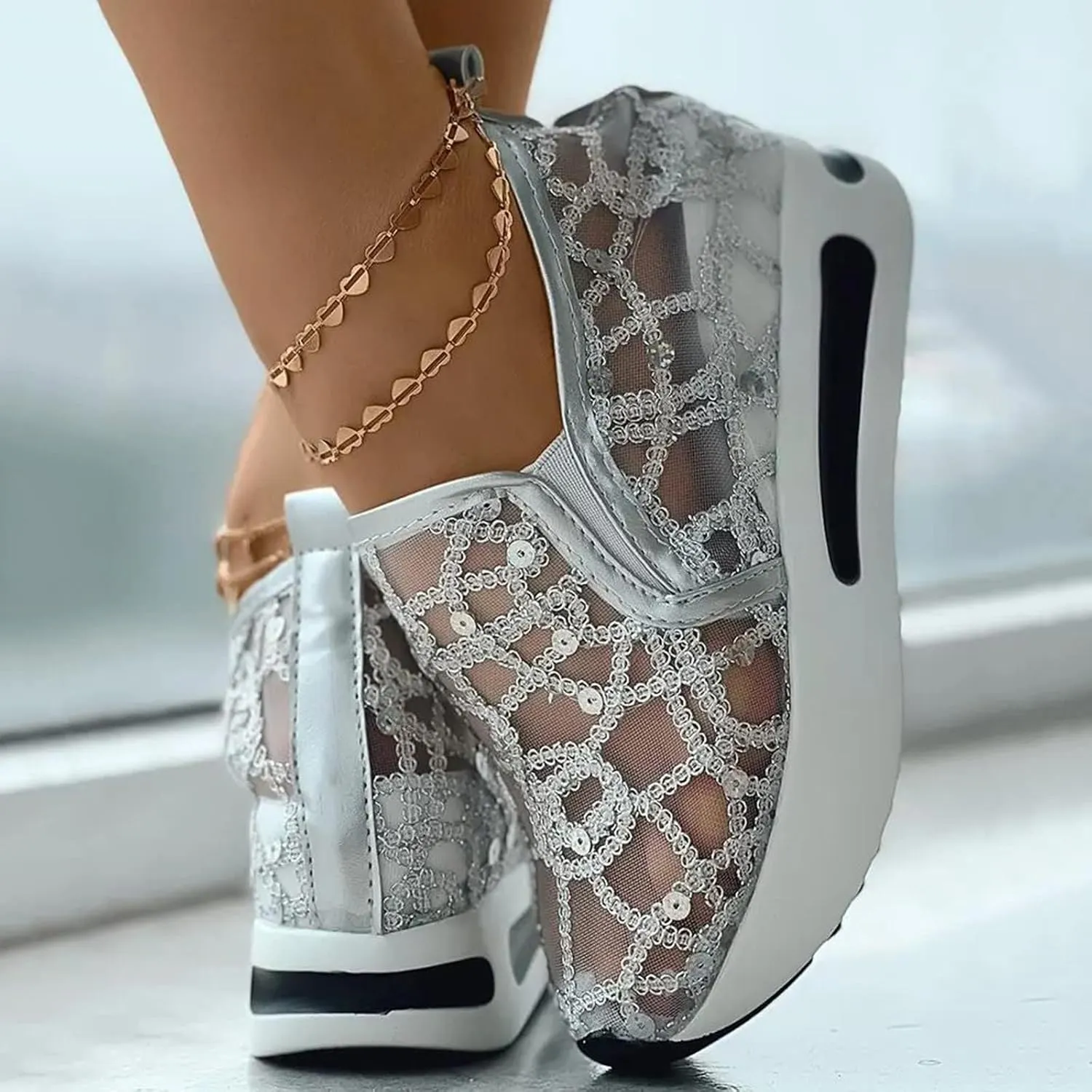 Women's Mesh Slip On Walking Shoes Platform Wedge Sneakers Floral Embroidery Breathable Sheer Mesh Sneakers Walking Shoes Loafers
