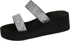 Women's Summer Sandals Open Toe Glitter Slide Shoes with 5-6cm Heel Height for Beach Casual Outfits Skirt Jeans